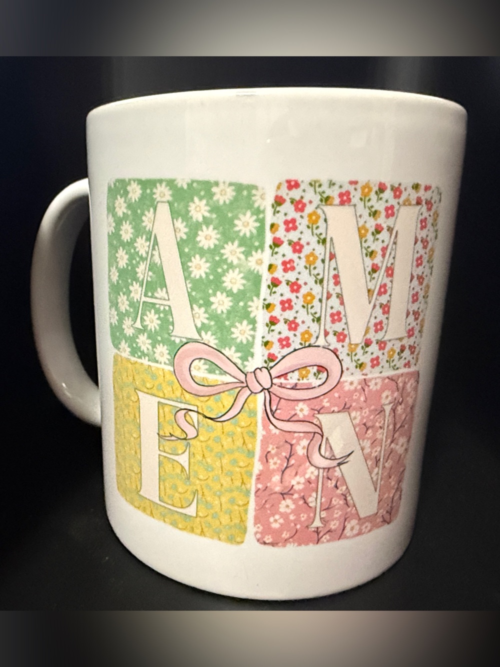 NEW 11 oz Floral Patchwork “AMEN” White Ceramic Mug